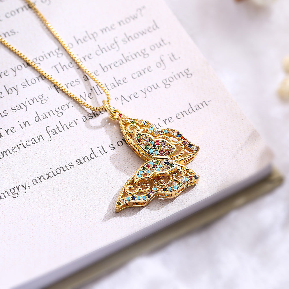 Minimalist Butterfly Life Tree Pendant Necklace for Women in Copper with Gold Plating and Zircon Inlay