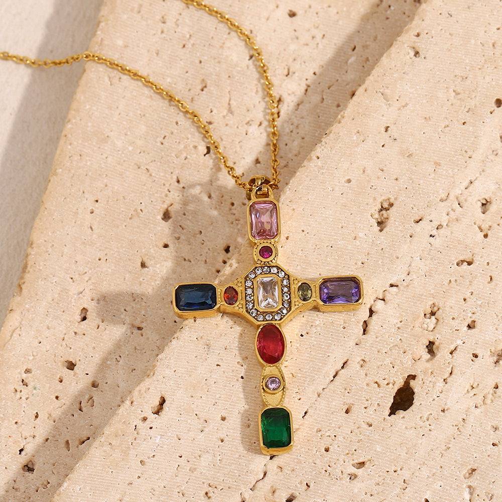 Collana Pendente a Croce Geometrica Ispirata alla Francia Vintage in Acciaio Inossidabile con Placcatura in Oro 18 carati da Donna