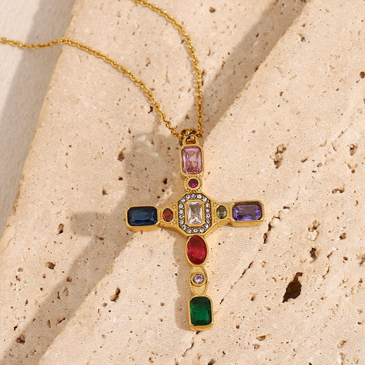 Collana Pendente a Croce Geometrica Ispirata alla Francia Vintage in Acciaio Inossidabile con Placcatura in Oro 18 carati da Donna