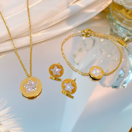 Collar con colgante de estrella geométrica minimalista en acero de titanio con incrustaciones de diamantes de imitación para mujer y hombre