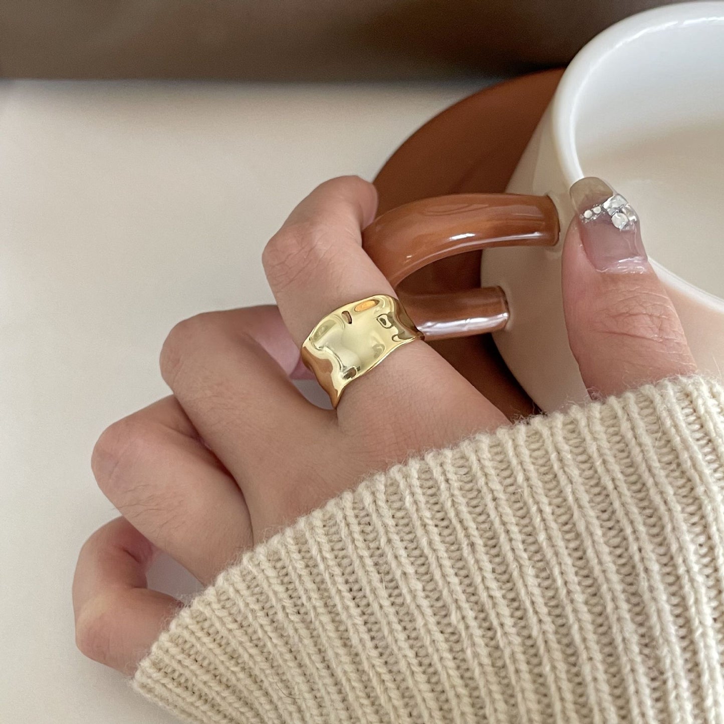 Minimalist 925 Sterling Silver Geometric Wide Wavy Ring for Women