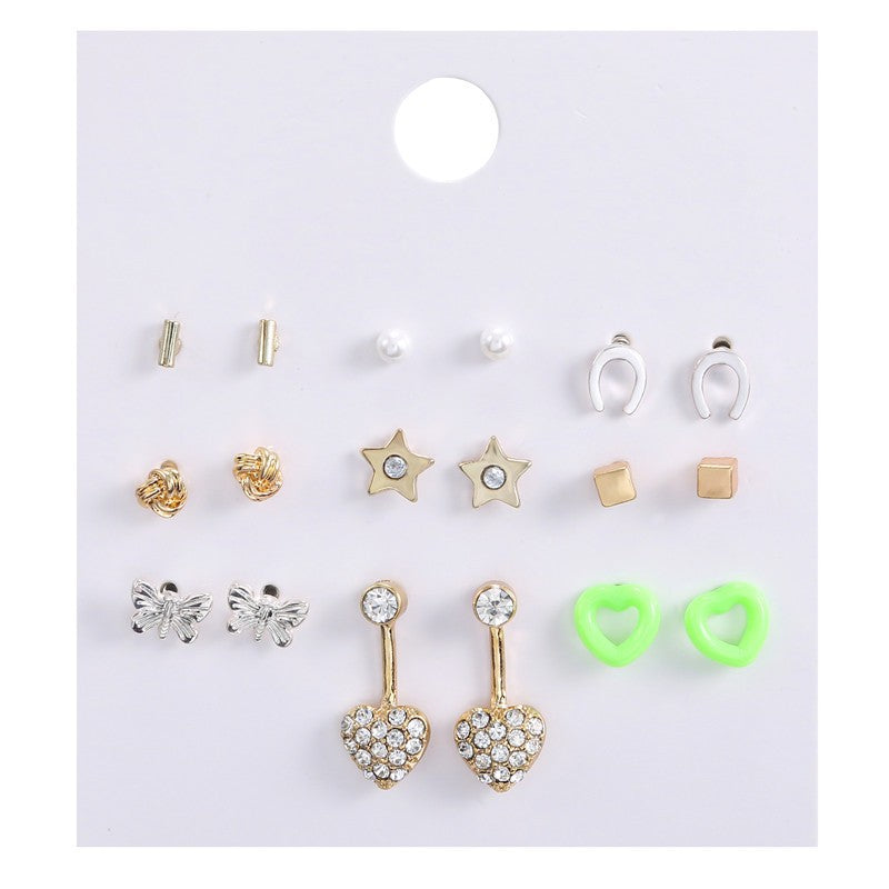 Vintage Geometric Butterfly Round Rhinestone and Pearl Plated Alloy Earring Set