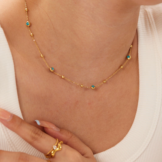 Minimalist Geometric Round Bead Necklace in Stainless Steel with 18K Gold Plating and Turquoise Inlay for Women