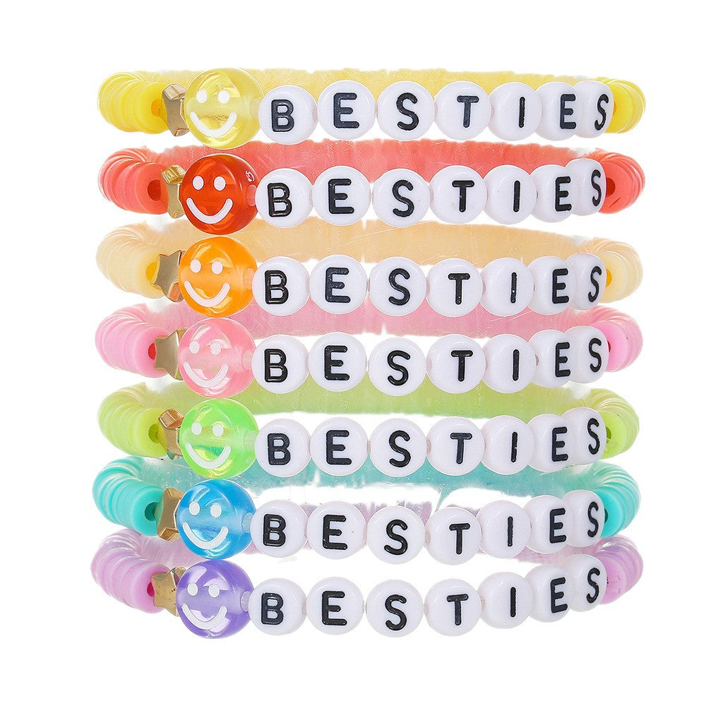 Casual Handmade Polymer Clay and Brass Beaded Bracelet with Letter and Smiley Charms