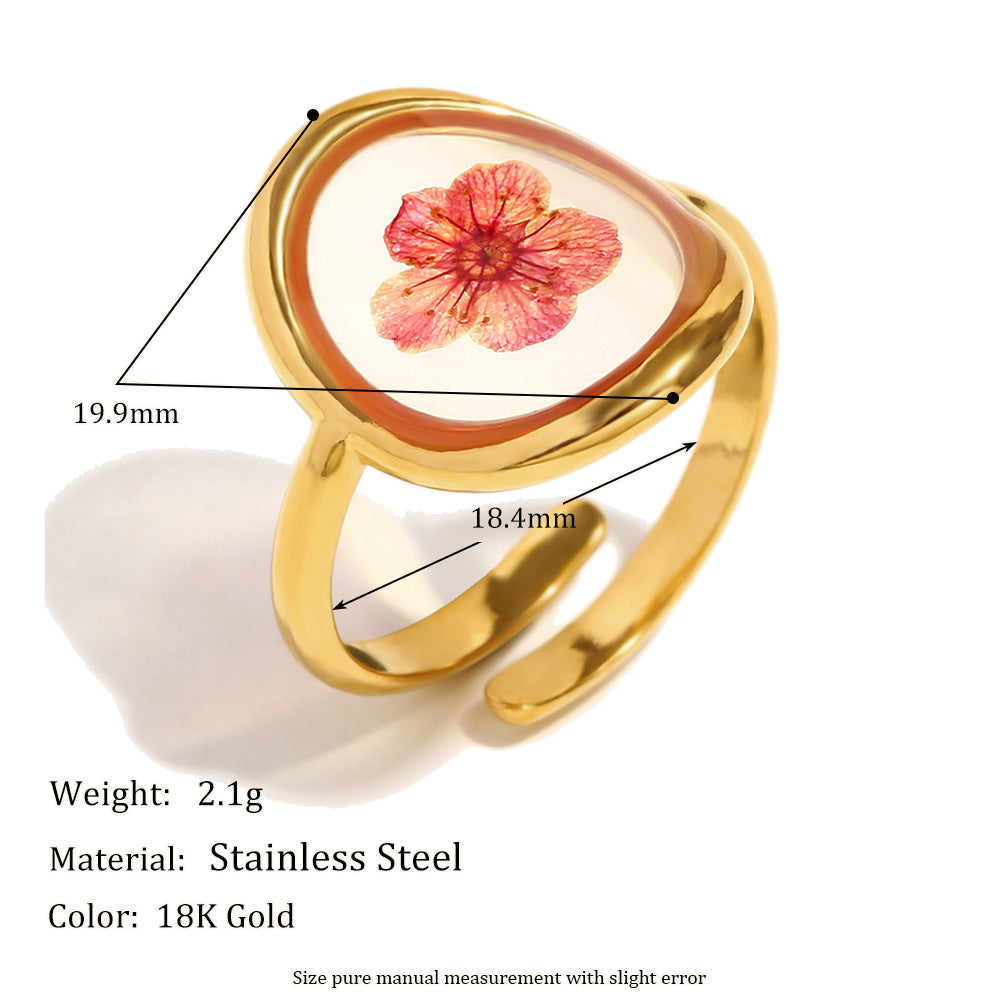 Vintage French Style Geometric Stainless Steel Plated 18K Gold Red Dried Flower Round Open Ring for Women