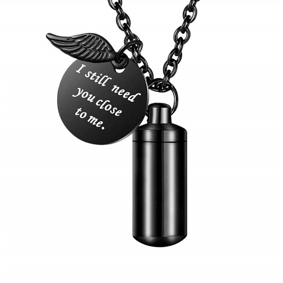Personalized Stainless Steel Angel Wing Pendant Necklace with Hollow Cylinder Design for Pet Memorial Keepsake Unisex