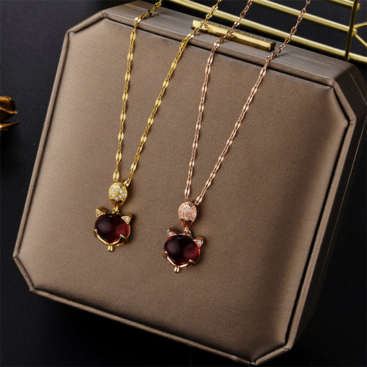 Geometric Fox Pendant Necklace for Women in Titanium Steel with Rhinestone Inlay and Plated Finish on Wavy Chain
