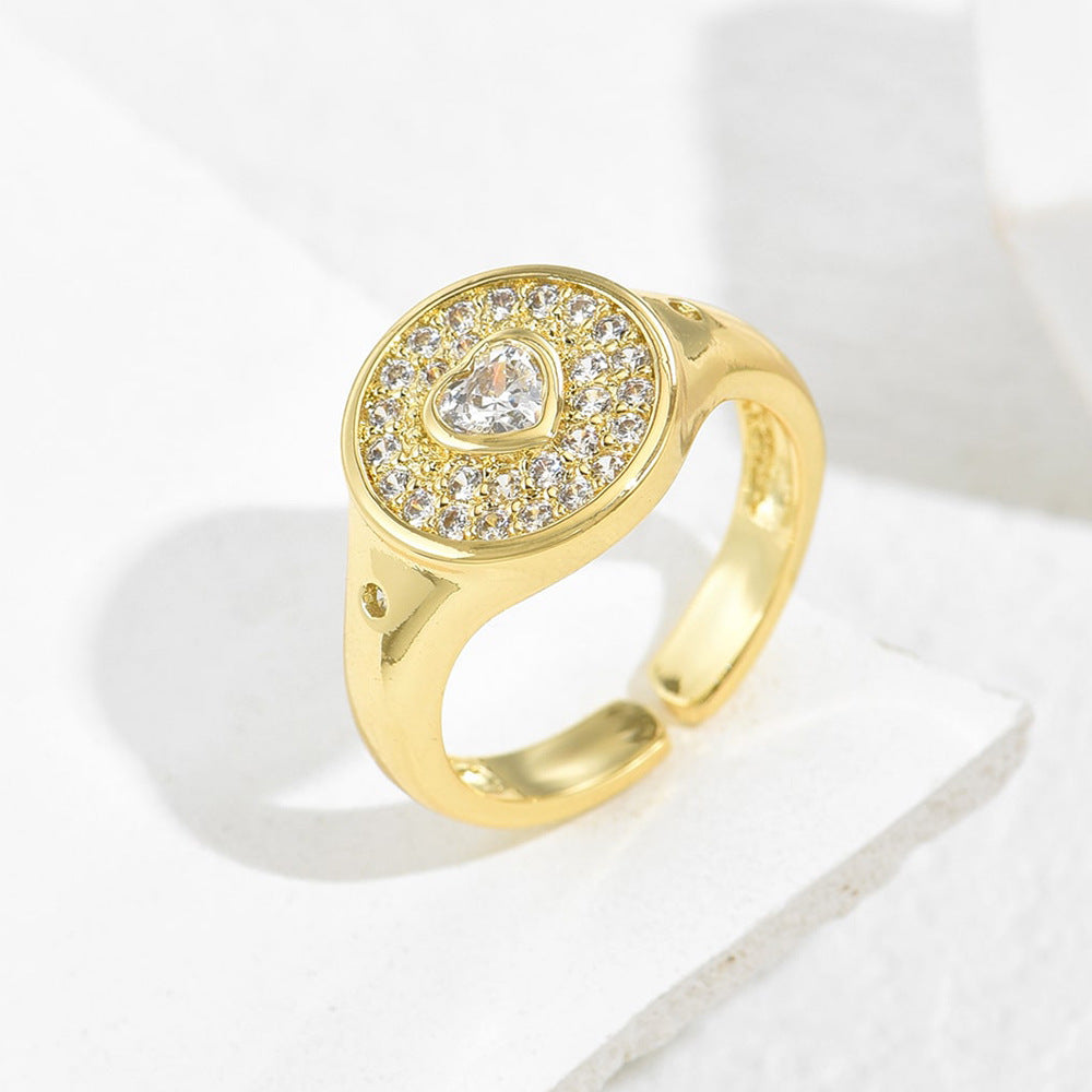 Anello Cuore Aperto Geometrico da Donna in Rame con Placcatura Oro 18K e Intarsi in Zirconi, Stile Vintage Minimalista