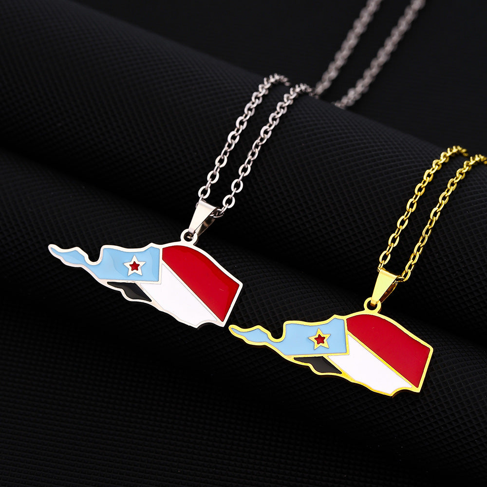 Collana con Pendente a Mappa dello Yemen Geometrica Stile Etnico in Acciaio Inossidabile con Pendente in Acciaio al Titanio e Finitura Elettroplaccata su Catena a Maglie O
