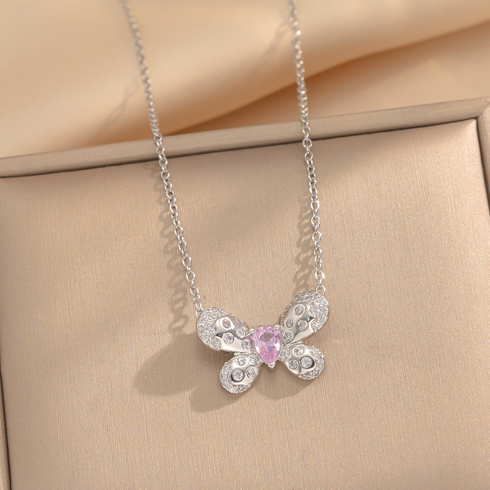 Minimalist Butterfly Pendant Necklace in Titanium Steel with Rhinestone Inlay on O-Chain for Women