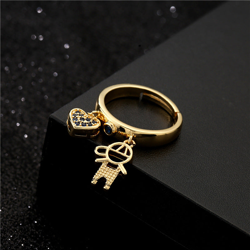 Sweet Cartoon Heart Geometric Micro-Inlaid Cubic Zirconia 18K Gold Plated Brass Ring for Women