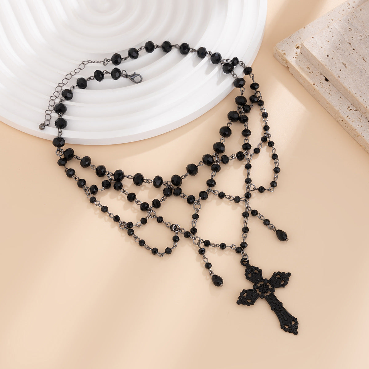 Punk Geometric Cross Alloy Pendant Crystal Beaded Choker Necklace with Tassel for Women