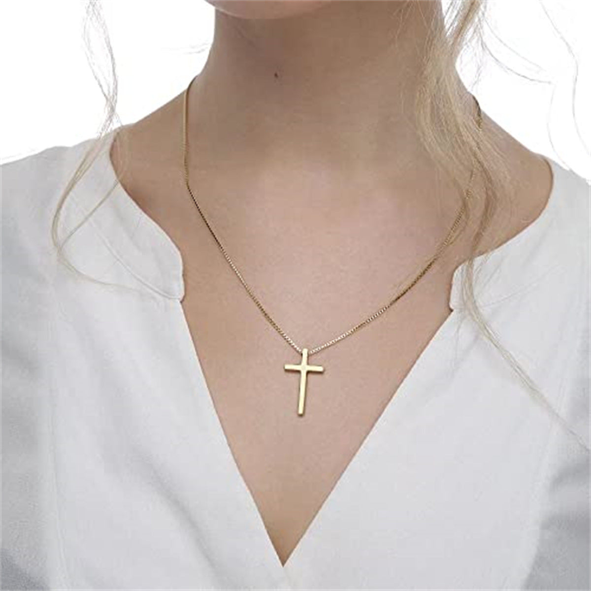 Minimalist Geometric Cross Pendant Necklace in Gold-Plated Stainless Steel with Pearl Chain for Unisex