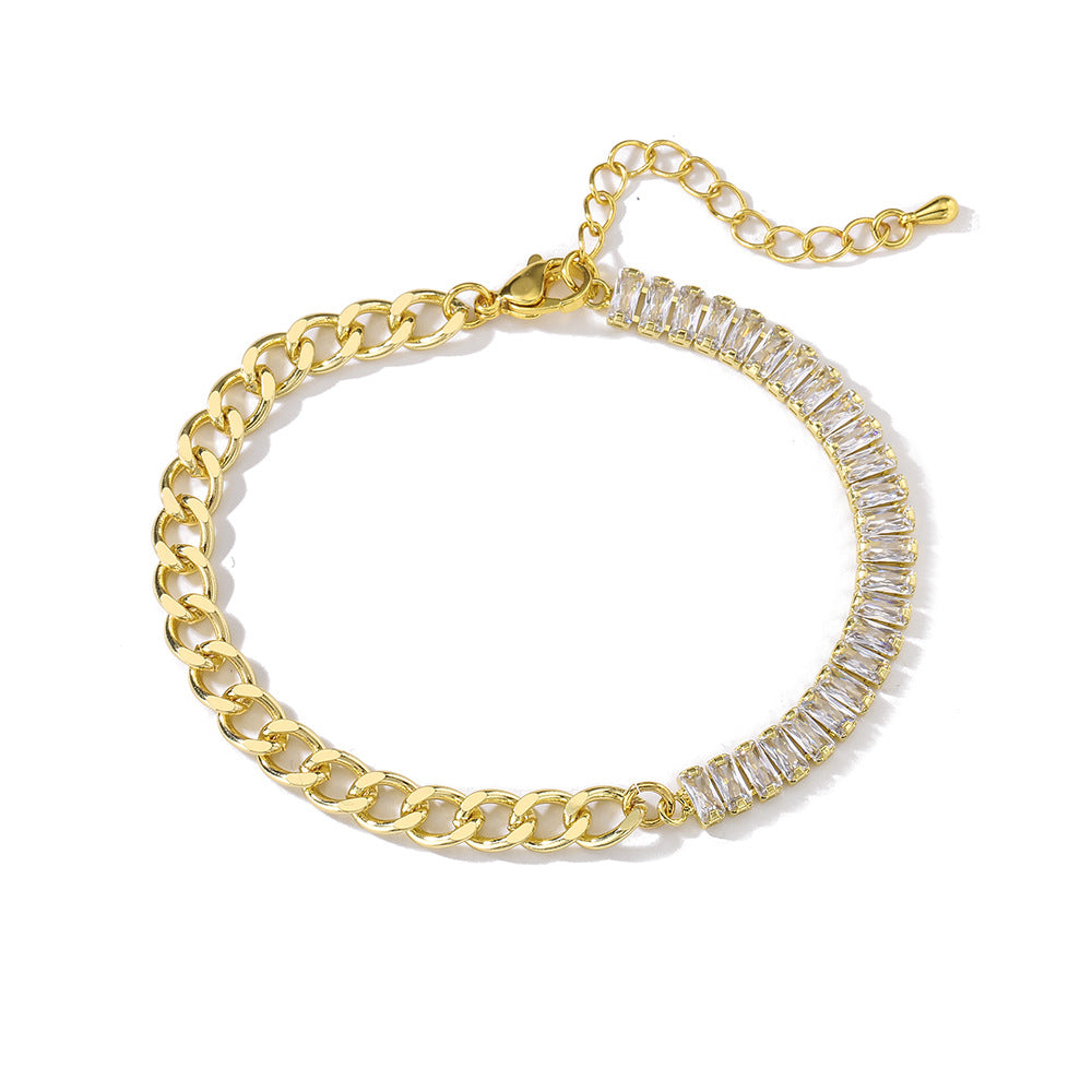Geometric Copper Bracelet with 18K Gold Plating and Cubic Zirconia for Women, Minimalist Ins-Inspired Statement Jewelry