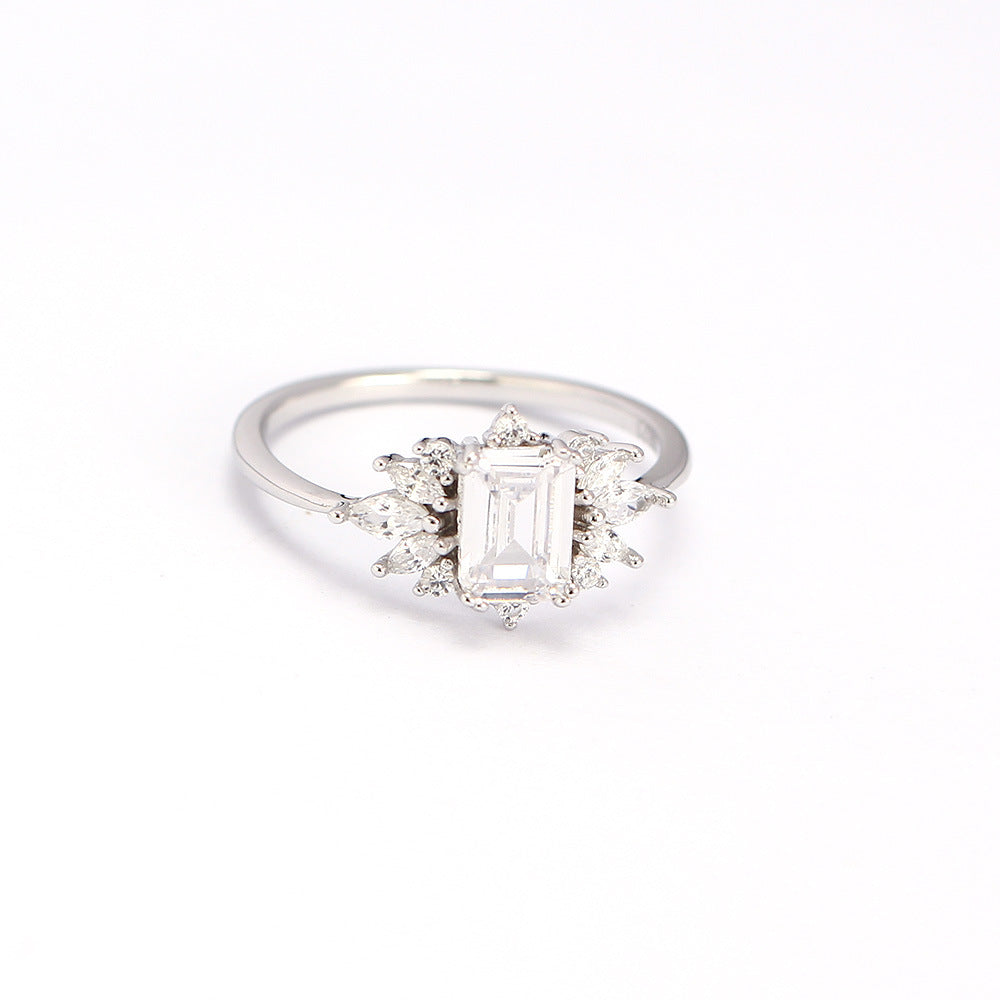 Anillo Cuadrado Geométrico Minimalista de Plata de Ley 925 con Incrustaciones Completas de Diamantes de Imitación para Mujer