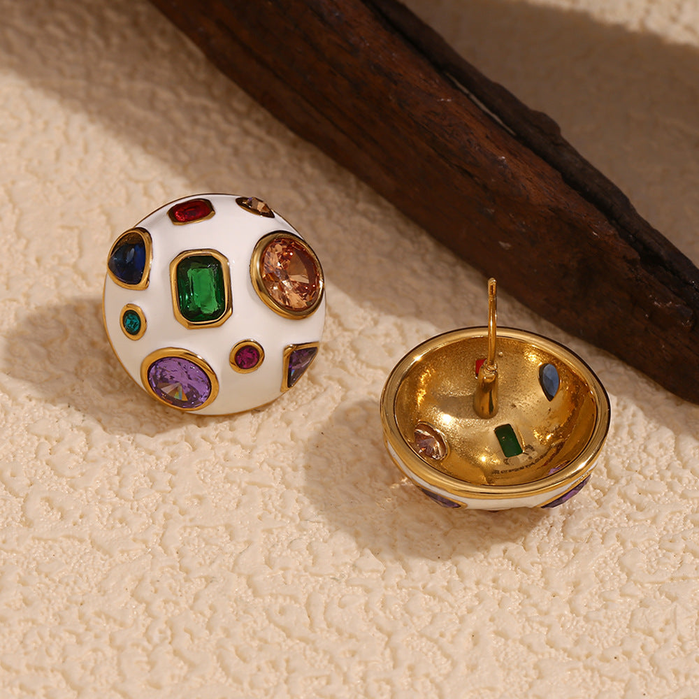 Minimalist Geometric Stainless Steel Earrings with 18K Gold Plating and White Enamel Finish for Women