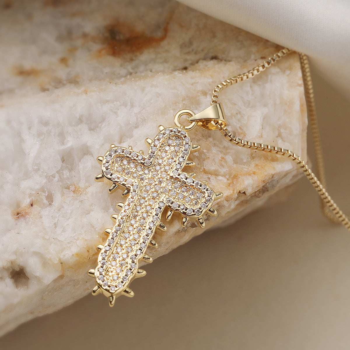 Minimalist Hip-hop 18K Gold Plated Brass Cross Pendant Necklace with Cubic Zirconia for Women