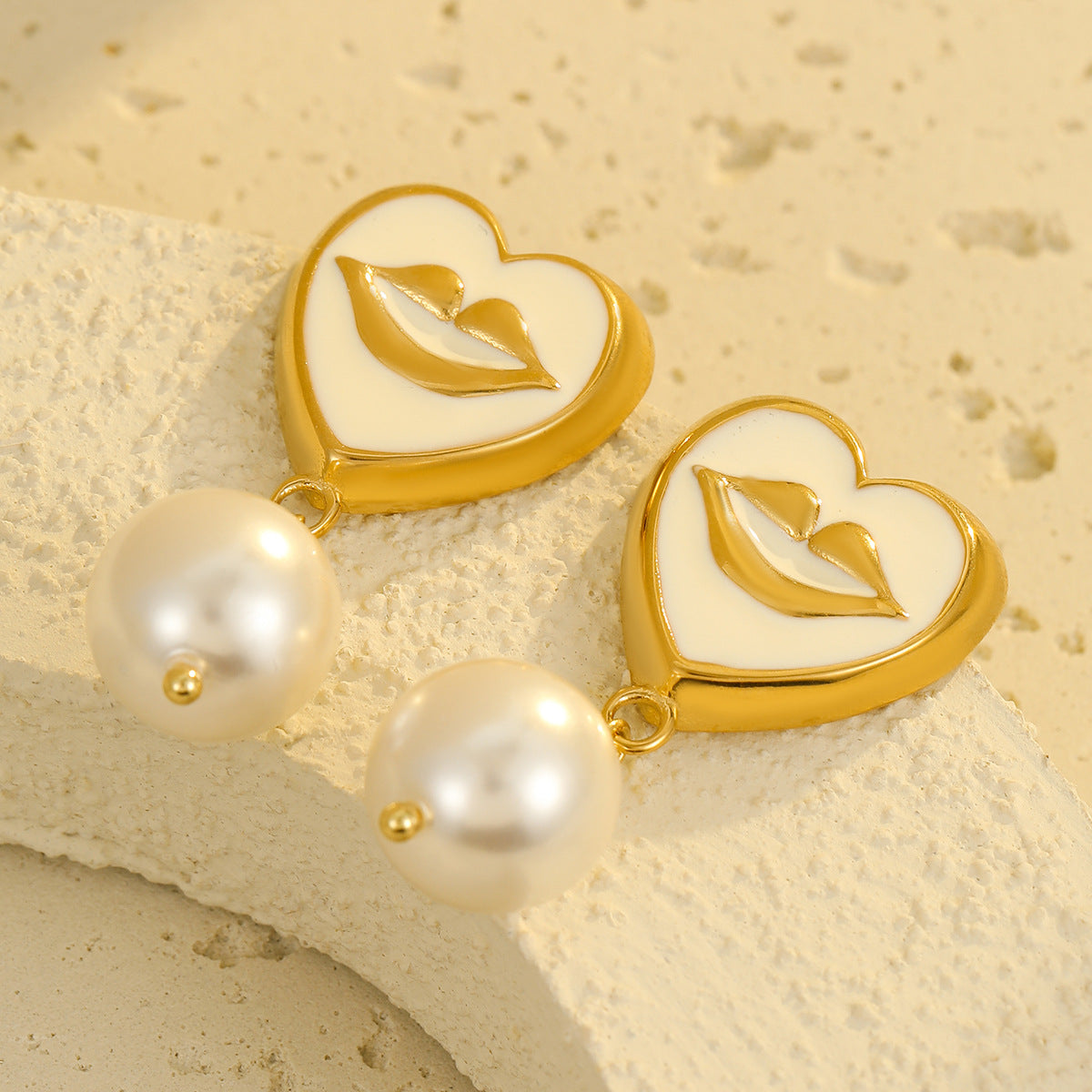 18K Gold Plated Stainless Steel Heart and Lips Pearl Drop Earrings for Women