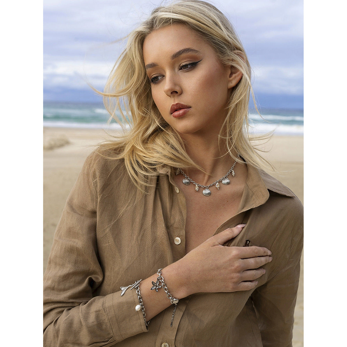 18K Gold Plated Stainless Steel Starfish Shell Bracelet for Women