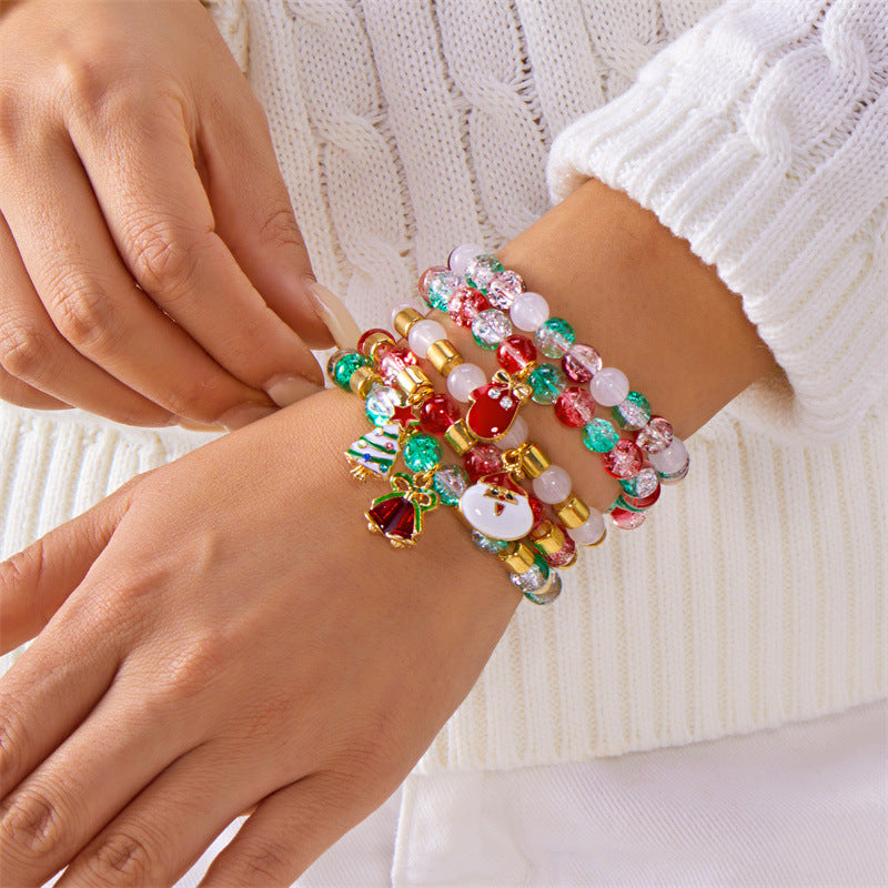 Set di bracciali in lega a tema natalizio, dolce e grintoso, con renna, fiocco di neve, albero e perle di vetro in cristallo