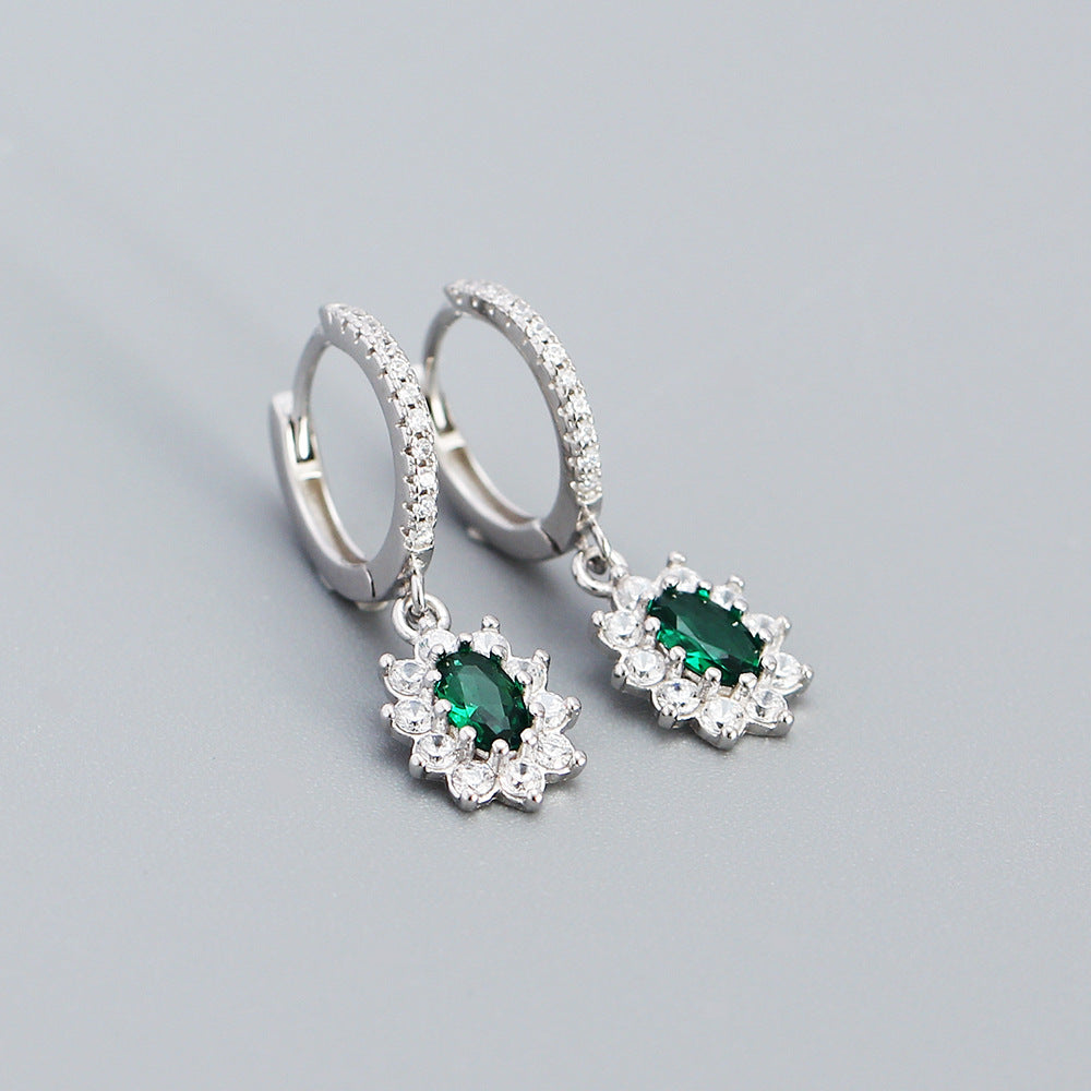 Fashionable Office-Style Geometric Silver Stud Earrings with Green Zircon Inlay and Rhodium Plating