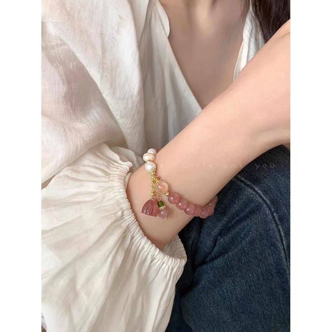 Sweet Baroque Pearl Strawberry Crystal Floral Glass Bracelet