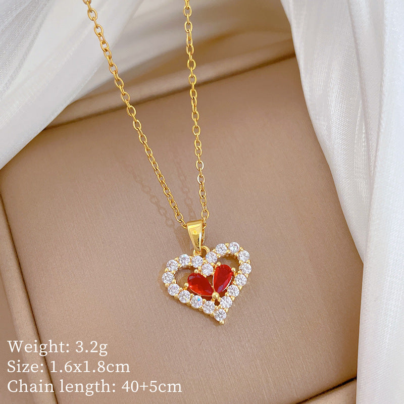 Sweet Minimalist Red Heart Geometric Rhinestone Brass Pendant Titanium Steel Necklace for Women and Men