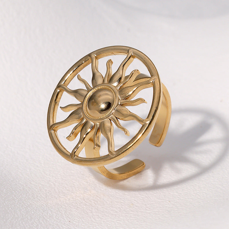 Minimalist Sun-Shaped Stainless Steel Ring with Gold Plating for Women, Geometric Open-Style Luxury Accessory