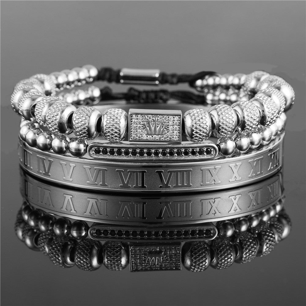 Vintage Punk Geometric Plated Titanium Steel Bracelet Set with Crown and Roman Letter Elements for Men and Women