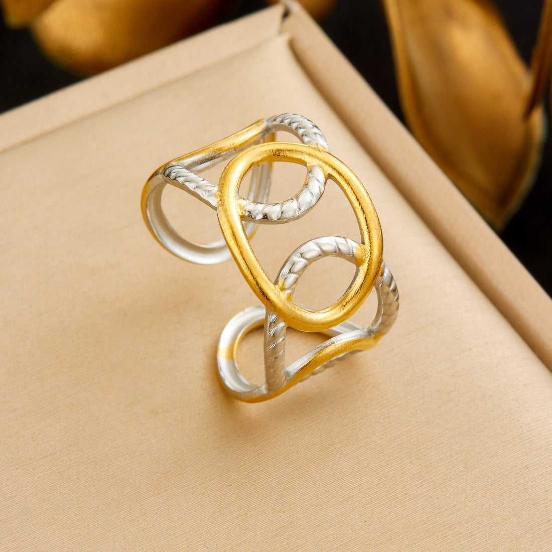 Trendy Gold Plated Floral Bow Stainless Steel Open Ring