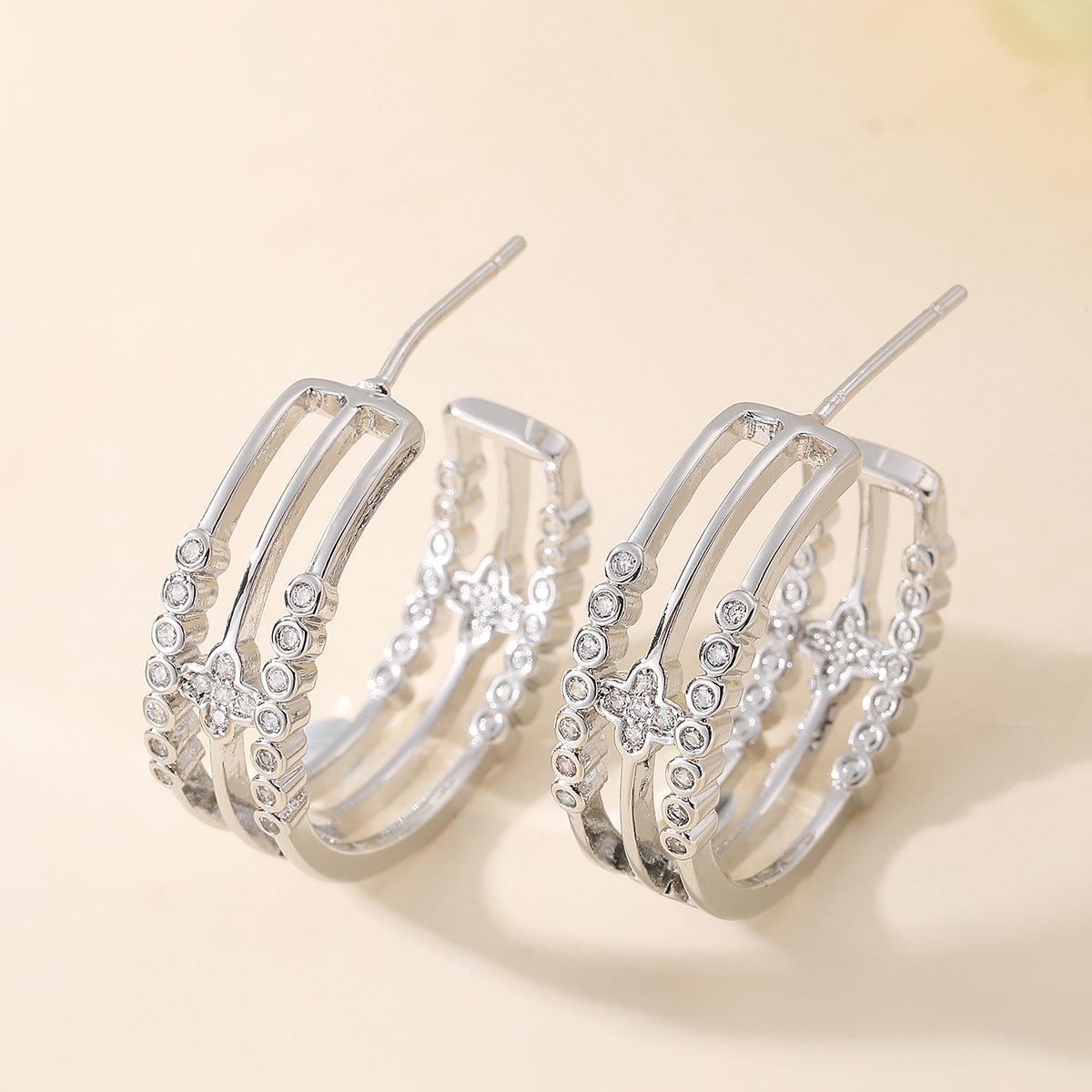 Vintage 18K Gold Plated Geometric Brass Hoop Earrings with Cubic Zirconia for Women