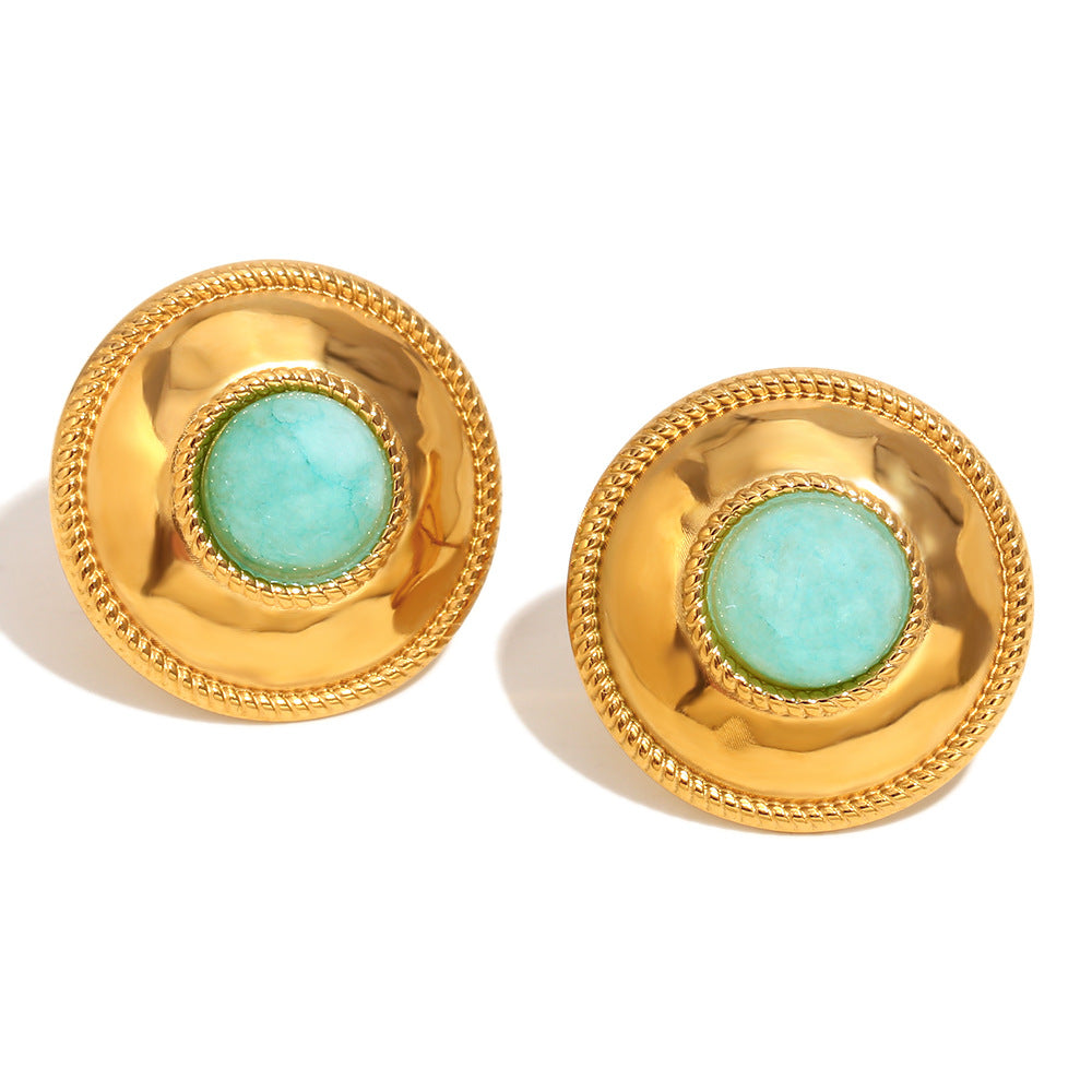 Orecchini a perno da donna in acciaio inossidabile placcato oro 18 carati con motivo geometrico francese vintage e amazzonite tonda
