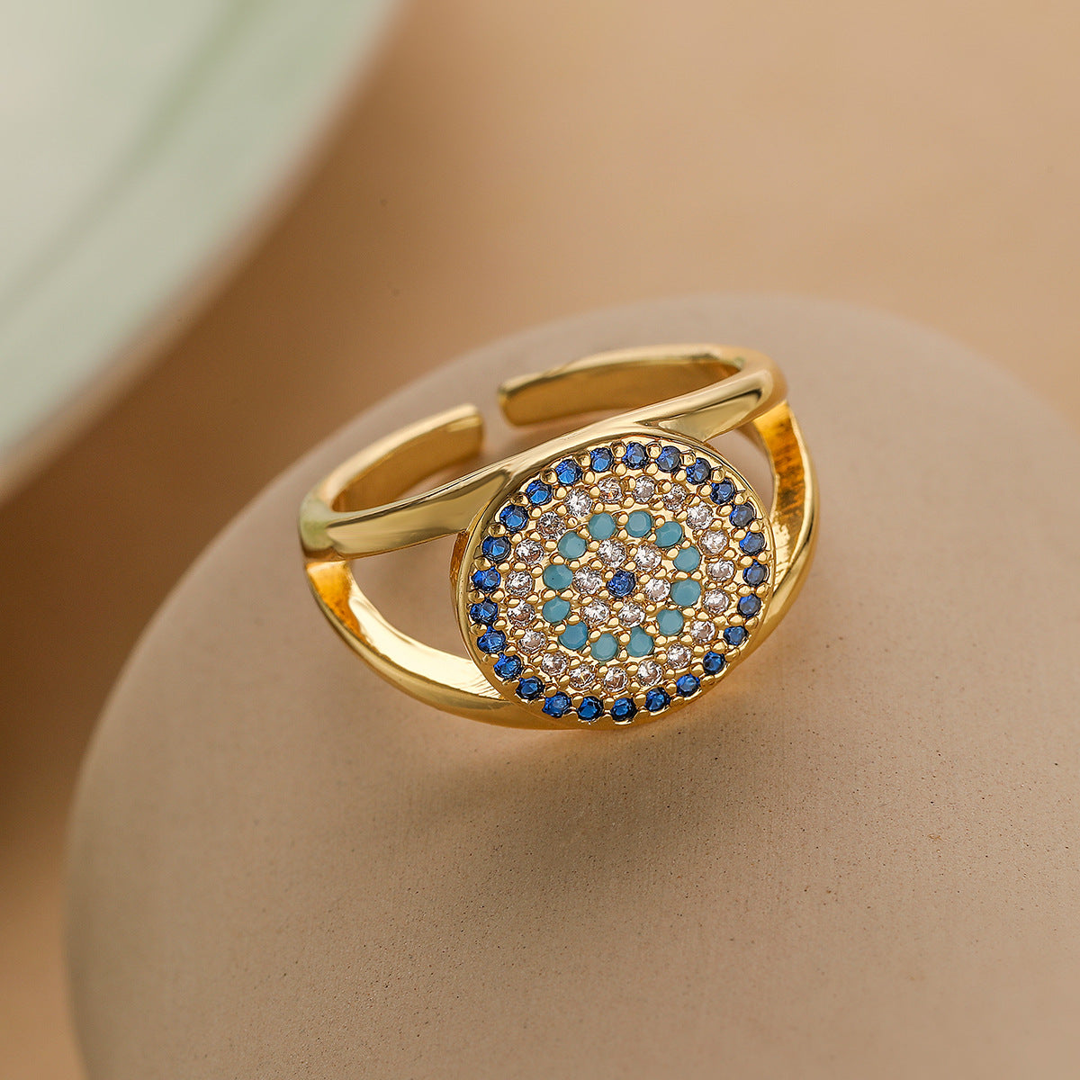 Minimalist Geometric Open Ring for Women with Zircon Inlay and Evil Eye Design in Copper