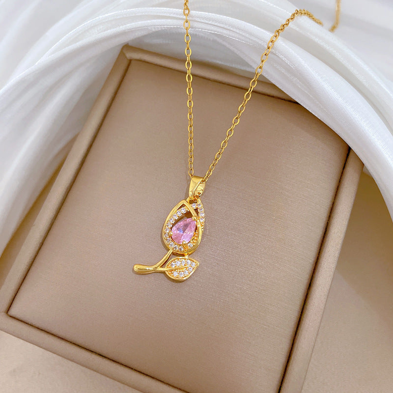 Sweet Luxury Pink Tulip Rhinestone Pendant Necklace Titanium Steel Chain for Women and Men