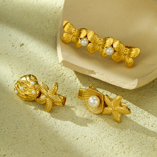 Fashionable Butterfly-Shaped Stainless Steel Hair Clip for Women with Pearl and Scallop Accents, Electroplated Finish, Minimalist One-Bar Design