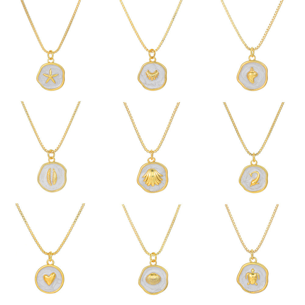 Collana Pendente Minimalista con Stella Marina Delfino Concha Cuore da Donna in Rame con Finitura Smaltata su Catena ad O