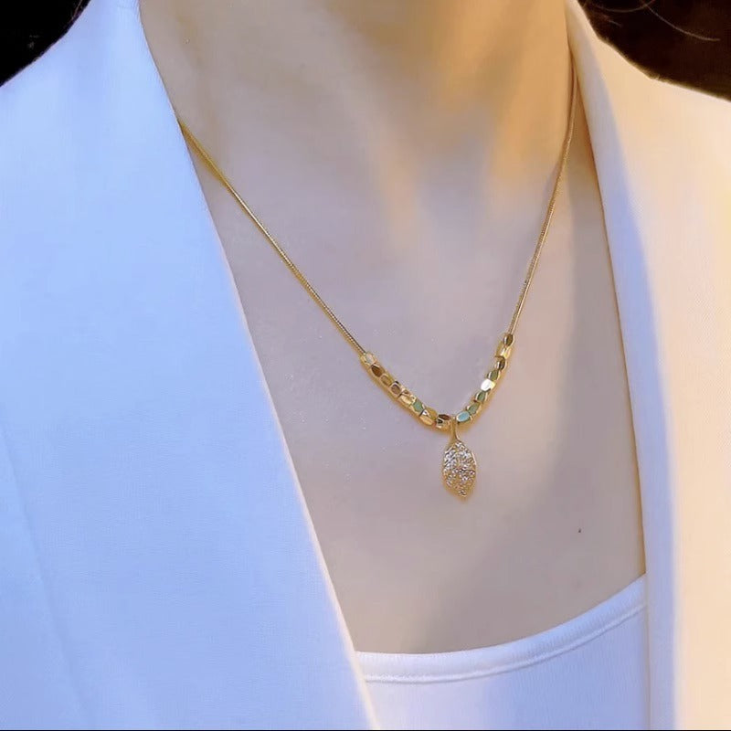 Minimalist Leaf Pendant Necklace in Titanium Steel with Plated Finish for Women, Delicate Clavicle Chain