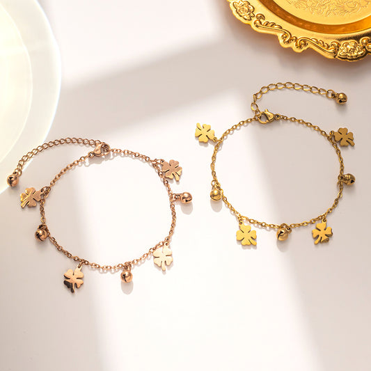 Minimalist Four-Leaf Clover Bracelet in Titanium Steel for Women with Geometric Design and Floral Motif