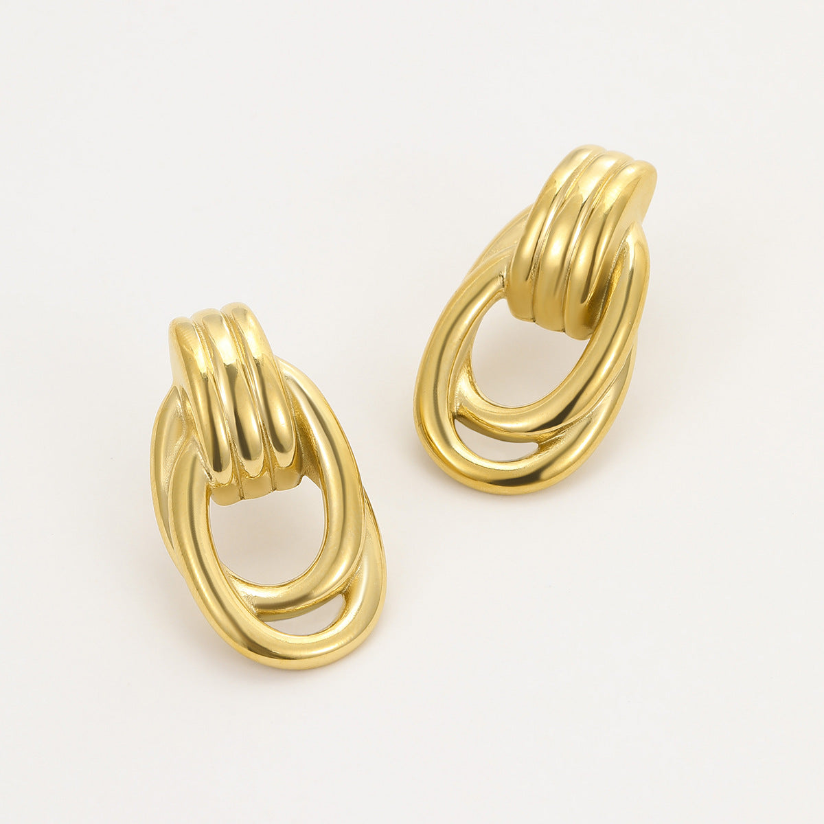 Minimalist Geometric Stainless Steel Earrings with Gold Plating and Twisted Thread Detail for Women