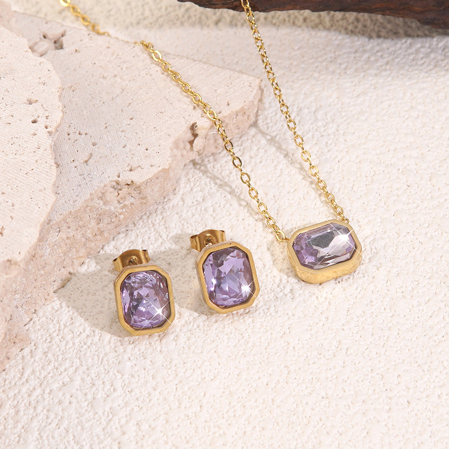 Elegant Geometric Stainless Steel Necklace and Earring Set with Cubic Zirconia Inlay