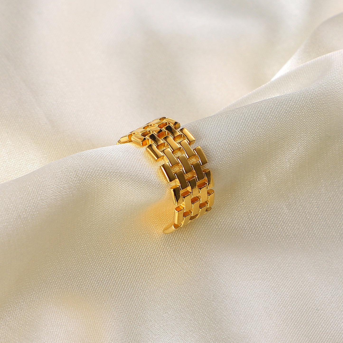 Minimalist Wide Band Open Ring for Women in Stainless Steel with 18K Gold Plating and Mesh Texture