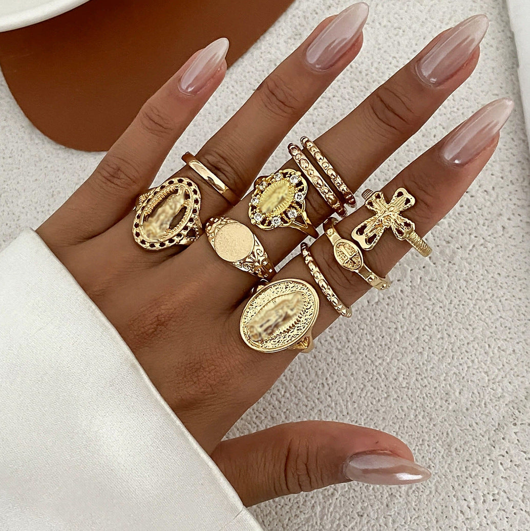 Luxury Rhinestone Inlaid Geometric Cross Zinc Alloy Ring Set for Women
