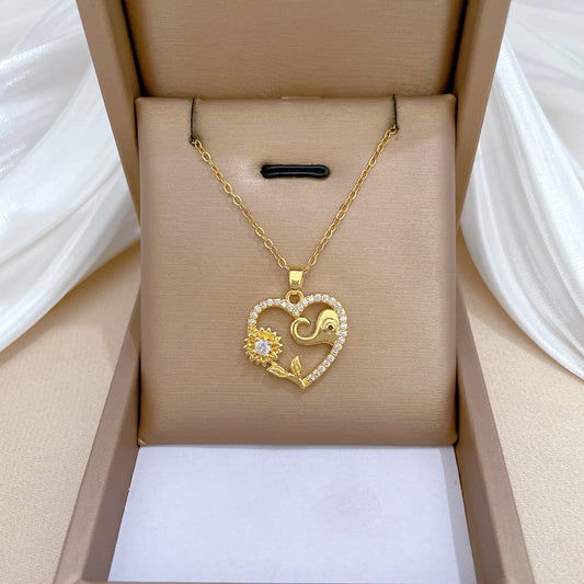 Minimalist Sunflower Elephant Pendant Necklace for Women and Men Stainless Steel Snake Chain with Rhinestone Inlay