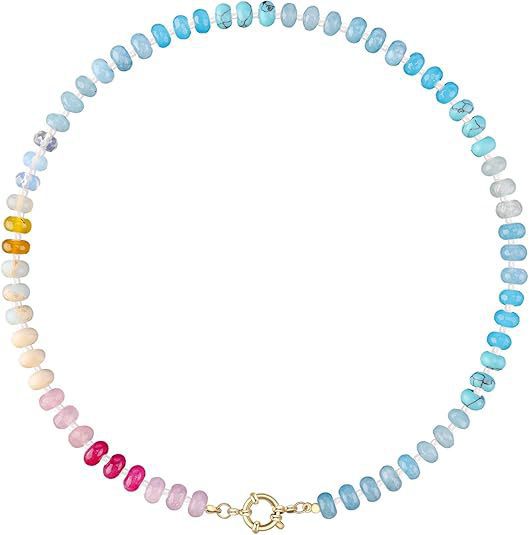 Sweet 8mm Natural Stone Bead Necklace Stainless Steel Geometric Round Ball Chain for Women