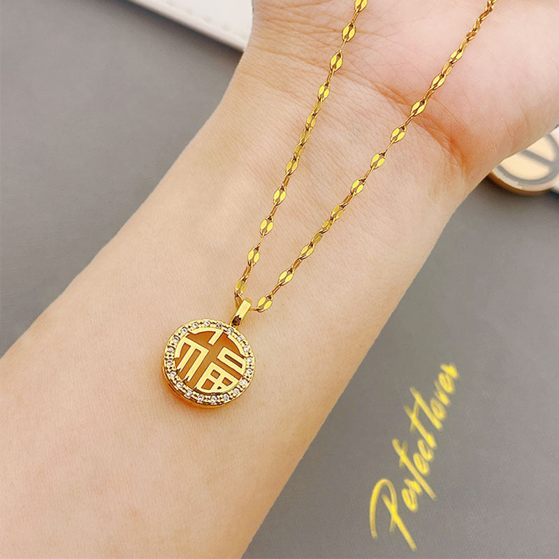 Minimalist Hollow Chinese Character Fu Pendant Necklace in Titanium Steel with Gold Plating for Women and Men