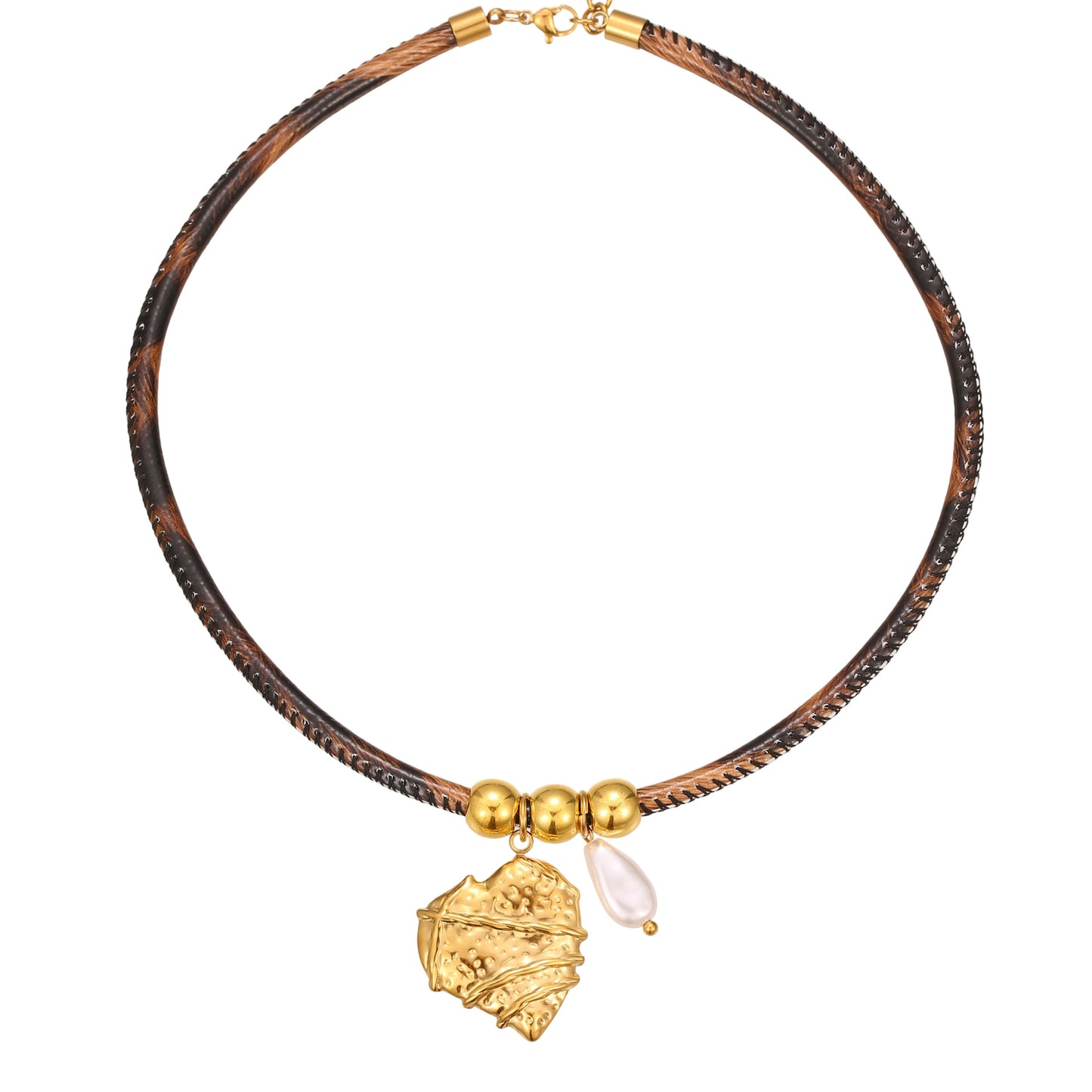 Fashion OL Geometric Leopard Print Leather Necklace with Stainless Steel Sun and Bird Pendant on Electroplated Titanium Steel Clavicle Chain for Women