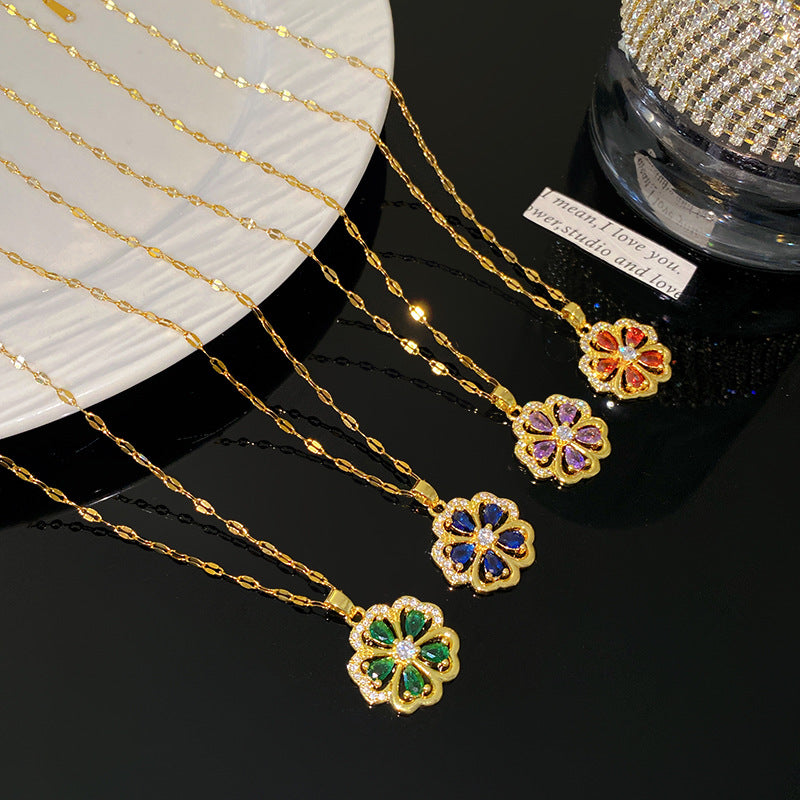 Luxury Floral Rhinestone Plated Titanium Steel Necklace with Brass Pendant for Unisex