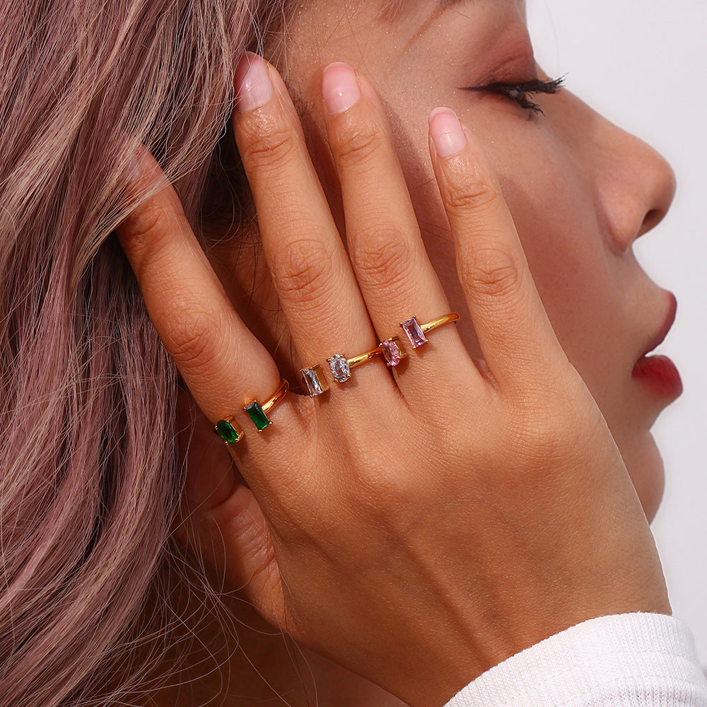 Anello Aperto da Donna Minimalista Geometrico in Acciaio Inossidabile Placcato con Zirconi Ovali e Quadrati