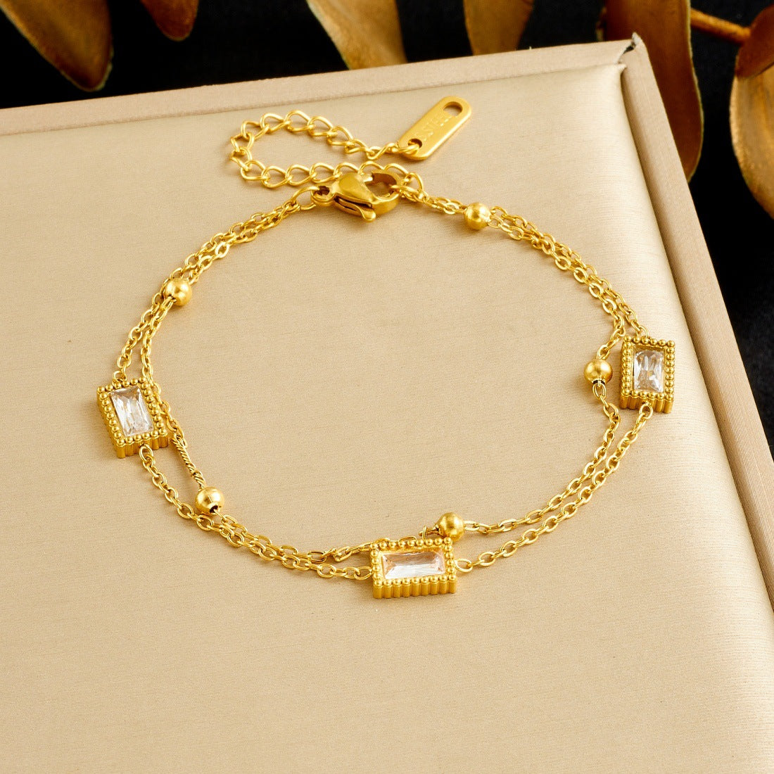Minimalist Gold Plated Stainless Steel Square Rhinestone Double Layer Chain Bracelet for Women