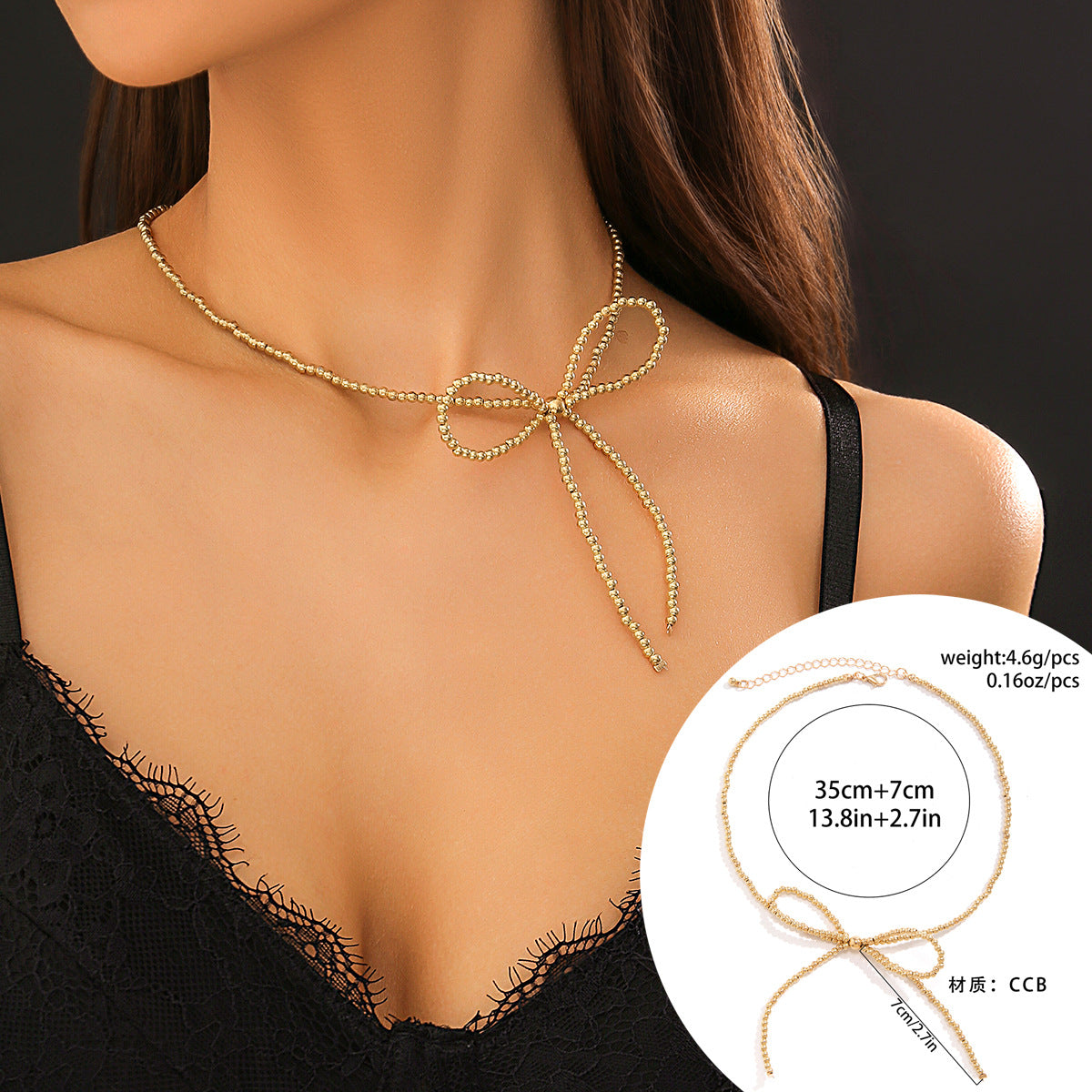 Gargantilla minimalista con forma de lazo con perlas de imitación y colgante de aleación en cadena de cuentas redondas para mujer